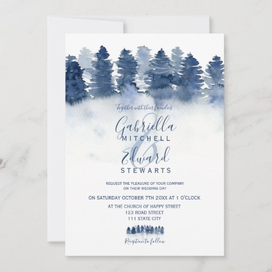 冬の青い森の木の水の色の写真結婚の 招待状 (正面)