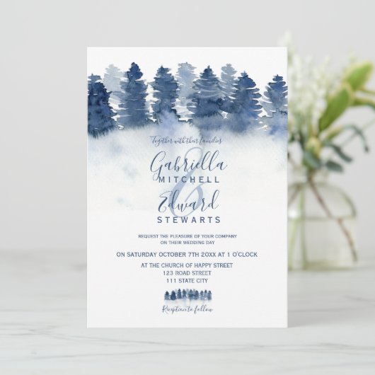 冬の青い森の木の水の色の写真結婚の 招待状 (スタンド正面)