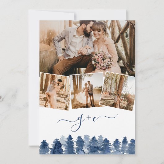 冬の青い森の木の水の色の写真結婚の 招待状 (裏面)