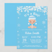 冬の青い男の子のベビーシャワー スノーフレーク 招待状 (正面/裏面)