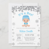 冬の青い男の子ベビーシャワー スノーフレーク 招待状 (正面)