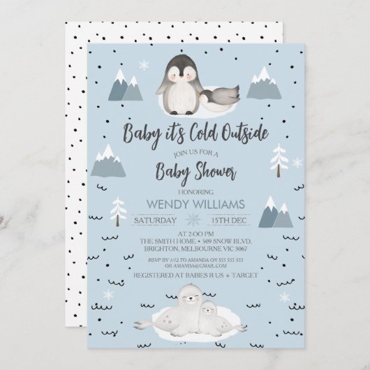 冬の青い男の子北極動物の赤ちゃんシャワー 招待状 (正面/裏面)