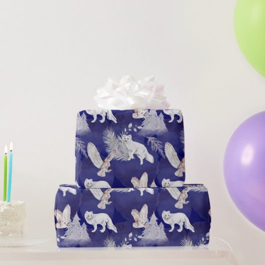 冬の青い白いキツネフクロウ松の木水色 ラッピングペーパー (パーティーギフト)