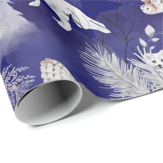 冬の青い白いキツネフクロウ松の木水色 ラッピングペーパー (ロールコーナー)