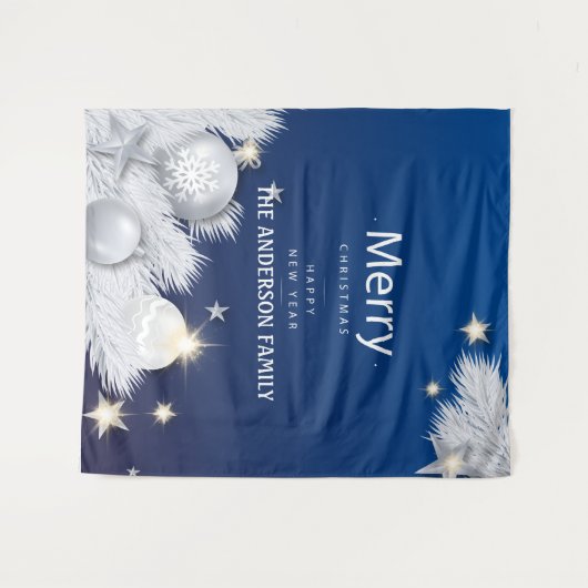 冬の青い白いクリスマススターの木の装飾 タペストリー (正面(横))