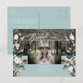 冬の青い葉のライトと白いフローラの写真 インビテーションポストカード (正面/裏面)