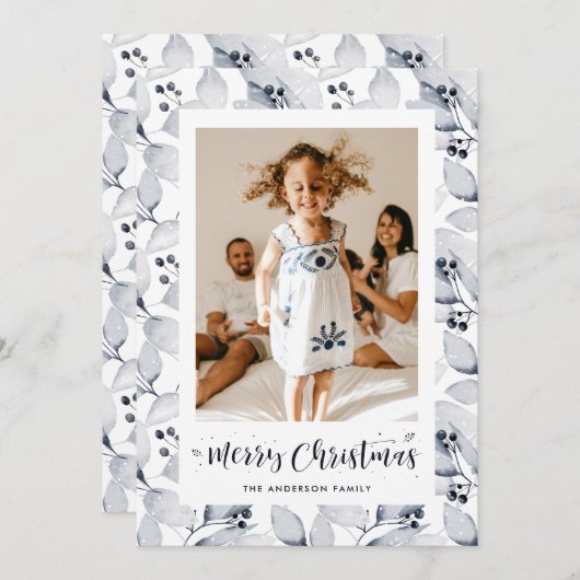 冬の青い葉の写真メリークリスマスカード シーズンカード (正面/裏面)