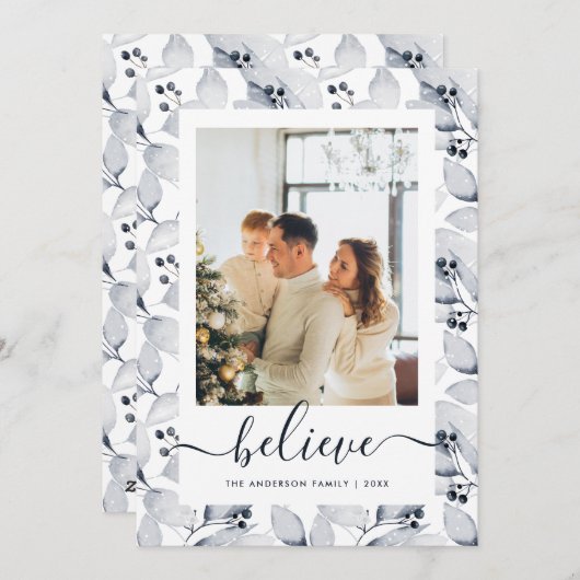 冬の青い葉の写真信じクリスマスカード シーズンカード (正面/裏面)