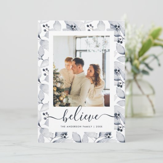 冬の青い葉の写真信じクリスマスカード シーズンカード (スタンド正面)