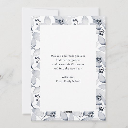 冬の青い葉の写真信じクリスマスカード シーズンカード (裏面)