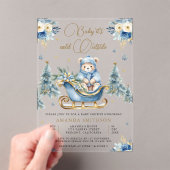 冬の青い金ゴールドフローラテディベア赤ちゃんシャワー アクリル招待状 (インサイチュ (ポータブル))