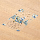 冬の青い金ゴールドフローラテディベア赤ちゃんシャワー アクリル招待状 (レイダウン)