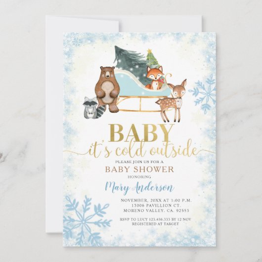 冬の青い雪の木の国の赤ちゃんシャワー 招待状 (正面)
