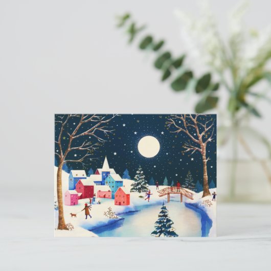 冬の青い雪の村のお祭り シーズンポストカード (スタンド正面)