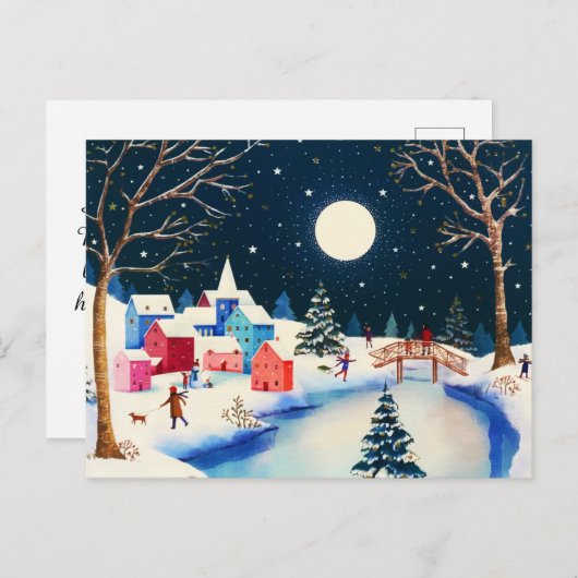 冬の青い雪の村のお祭り シーズンポストカード (正面/裏面)