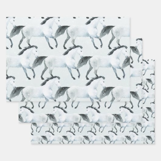 冬の青い雪の白馬 ラッピングペーパーシート (セット)