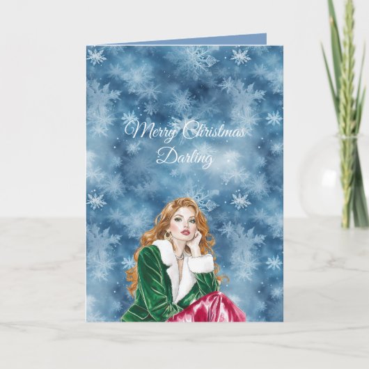冬の青い雪の結晶 クリスマス 赤毛 女子 カード (正面)