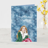 冬の青い雪の結晶 クリスマス 赤毛 女子 カード (黄色い花)