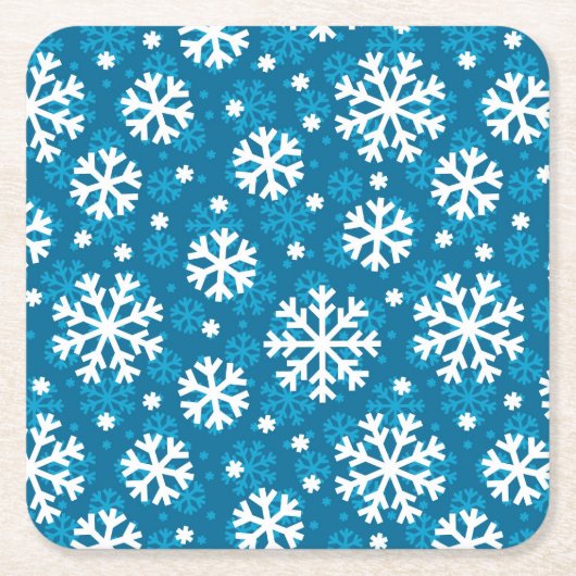 冬の青い雪片パターン スクエアペーパーコースター (正面)