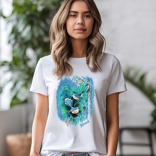 冬の青い鳥絵画と文字 Tシャツ