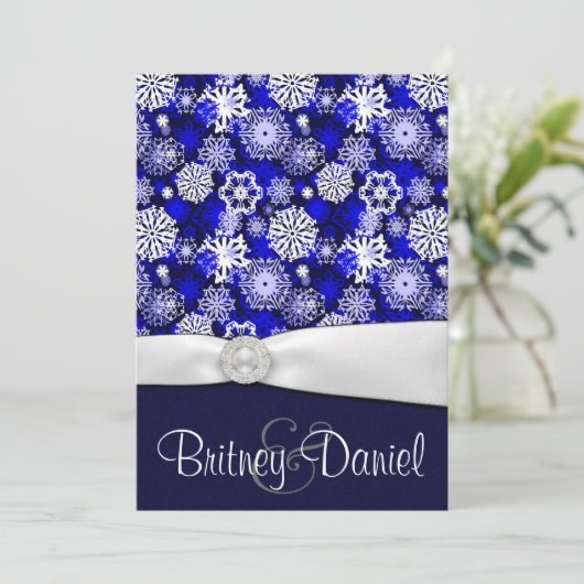 冬の青と白の雪片結婚式招待状 招待状 (スタンド正面)