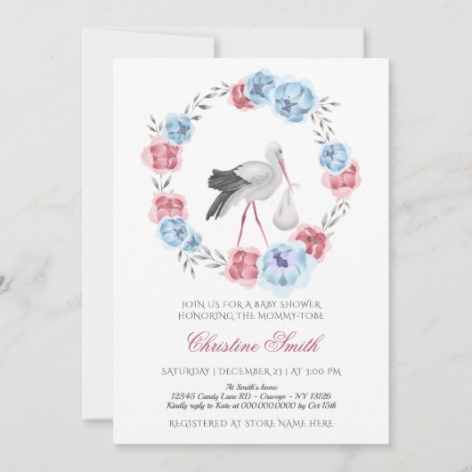 冬の青と赤面ピンクのフローラベビーシャワー 招待状 (正面)