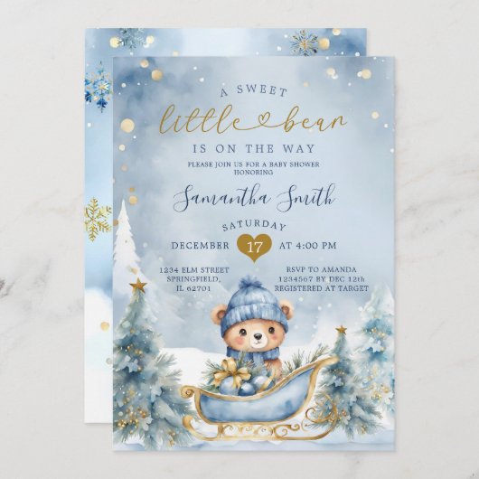 冬の青の小さな熊の方法で赤ちゃんシャワー 招待状 (正面/裏面)