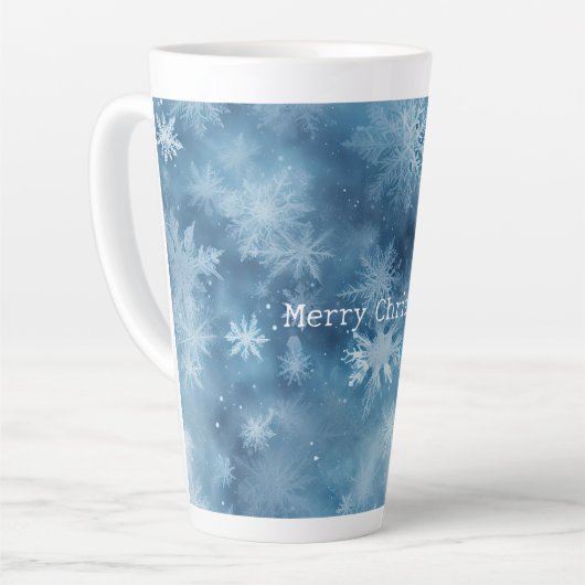 冬の青の白い雪の結晶クリスマス カフェラテマグ (左アングル)