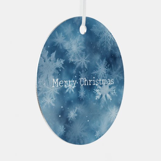 冬の青の白い雪の結晶クリスマス メタルオーナメント (正面右)