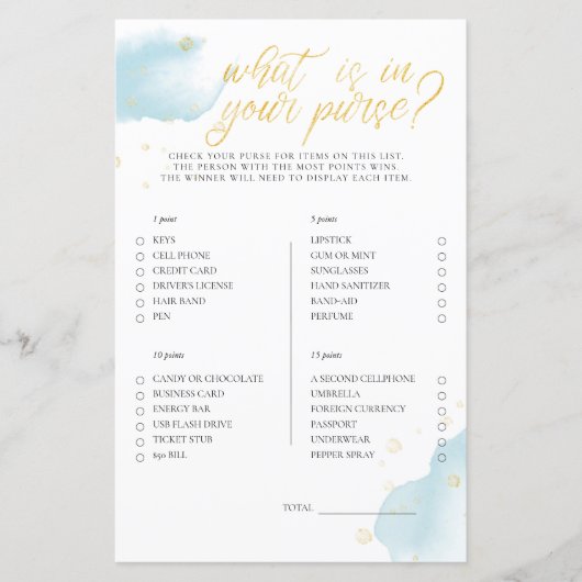 冬の青の赤ちゃんシャワーゲームあなたの財布の中にあるものを (正面)