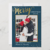 冬の青の金ゴールドスクリプトメリークリスマスフォト シーズンカード (正面)