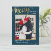 冬の青の金ゴールドスクリプトメリークリスマスフォト シーズンカード (スタンド正面)