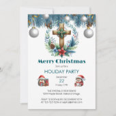 冬の青アクセントのクリスマスと交差 招待状 (正面)