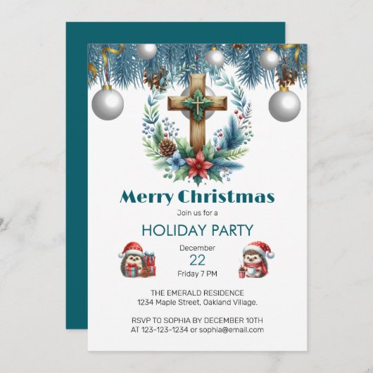 冬の青アクセントのクリスマスと交差 招待状 (正面/裏面)