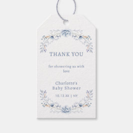 冬の青エレガントいウィルフラワーのフローラ赤ちゃんシャワー ギフトタグ