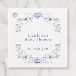 冬の青エレガントいウィルフラワーのフローラ赤ちゃんシャワー フェイバータグ