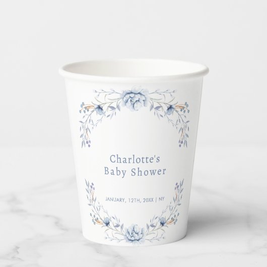 冬の青エレガントいウィルフラワーのフローラ赤ちゃんシャワー 紙コップ (裏面)