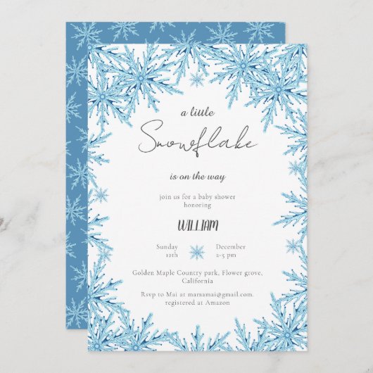 冬の青エレガント小さなスノーフレーク赤ちゃんシャワー 招待状 (正面/裏面)