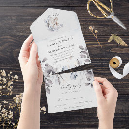 冬の青エレガント水色のフローラ結婚 オールインワン招待状