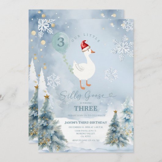 冬の青スノーフレーク間抜けグース誕生日3 招待状 (正面/裏面)