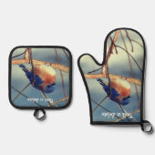 冬の青パーソナライズされた鳥 鍋つかみ&鍋敷きセット (正面)