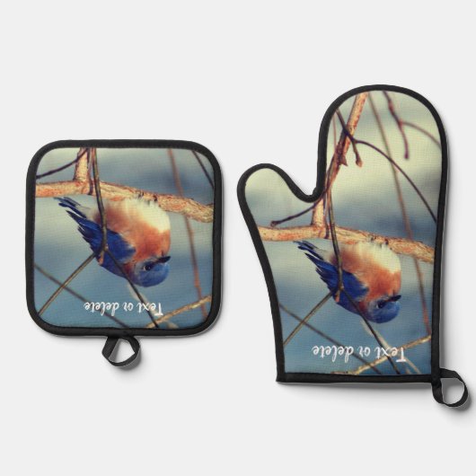 冬の青パーソナライズされた鳥 鍋つかみ&鍋敷きセット (正面)