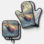 冬の青パーソナライズされた鳥 鍋つかみ&鍋敷きセット (正面/裏面)