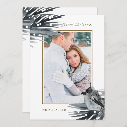 冬の青素朴葉メリークリスマスの写真 シーズンカード (正面/裏面)