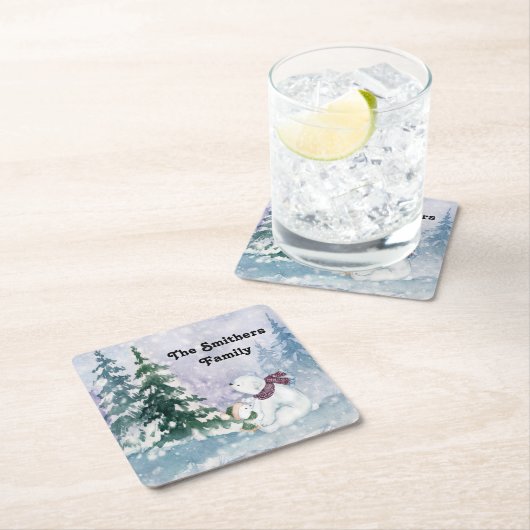 冬の風光明媚なコースターと木&クマ スクエアペーパーコースター (インサイチュ)