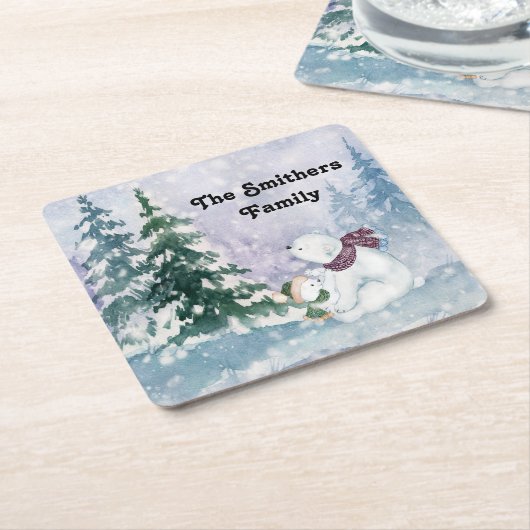 冬の風光明媚なコースターと木&クマ スクエアペーパーコースター (アングル)