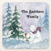 冬の風光明媚なコースターと木&クマ スクエアペーパーコースター (正面)