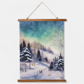 冬の風光明媚な壁タペストリー格言スキーヤーと鹿 吊り下げ型タペストリー (正面)