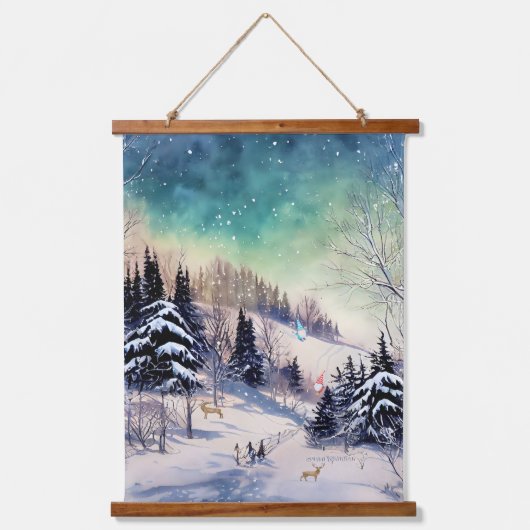 冬の風光明媚な壁タペストリー格言スキーヤーと鹿 吊り下げ型タペストリー (正面)
