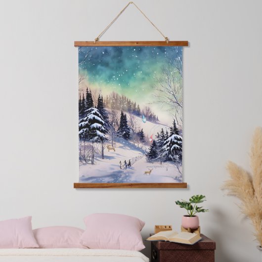 冬の風光明媚な壁タペストリー格言スキーヤーと鹿 吊り下げ型タペストリー (寝室)